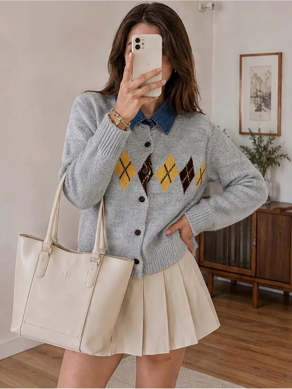 Classy Light Gray Argyle Button-Up Sweater Cardigan Denim Collar New